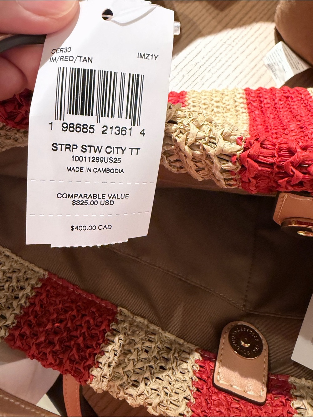 Coach Red and Cream Striped Crochet Tote with Pom-Pom Charm straw city tote new - Picture 16 of 16